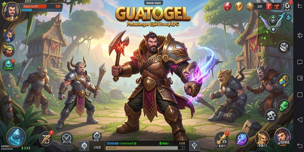 Tangkapan layar utama GUATOGEL menampilkan aksi pertarungan RPG yang mendebarkan.