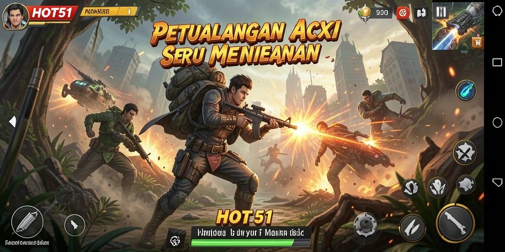 Screenshot utama gameplay HOT51 menampilkan karakter bertarung melawan musuh di arena.