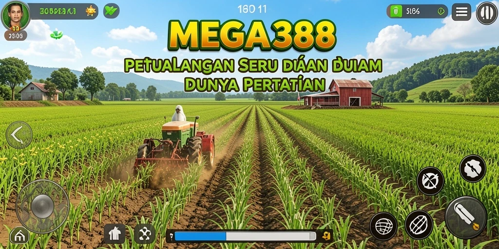 Tangkapan layar utama MEGA388 menunjukkan pemain mengelola ladang pertanian yang subur.