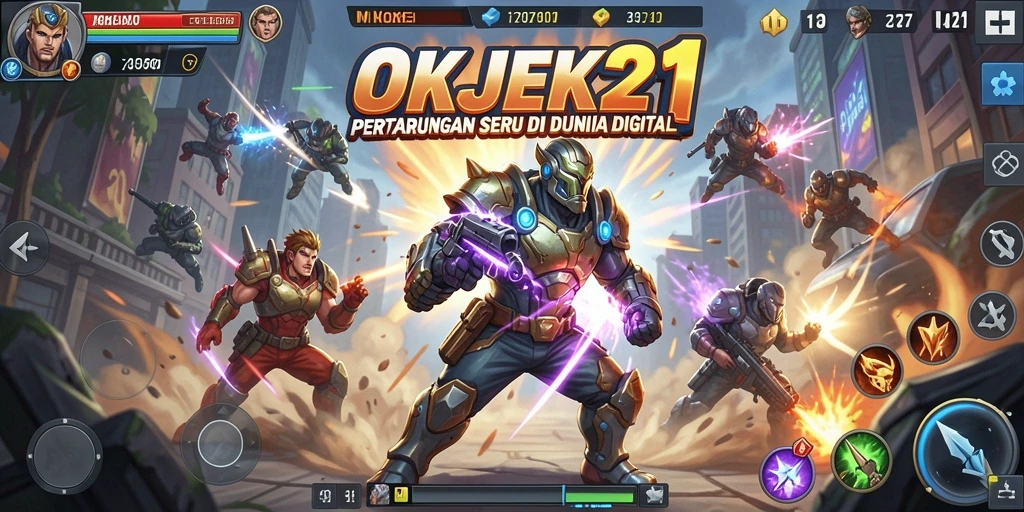 Tampilan seru pertarungan di arena OKJEK21 dengan karakter yang beraksi.