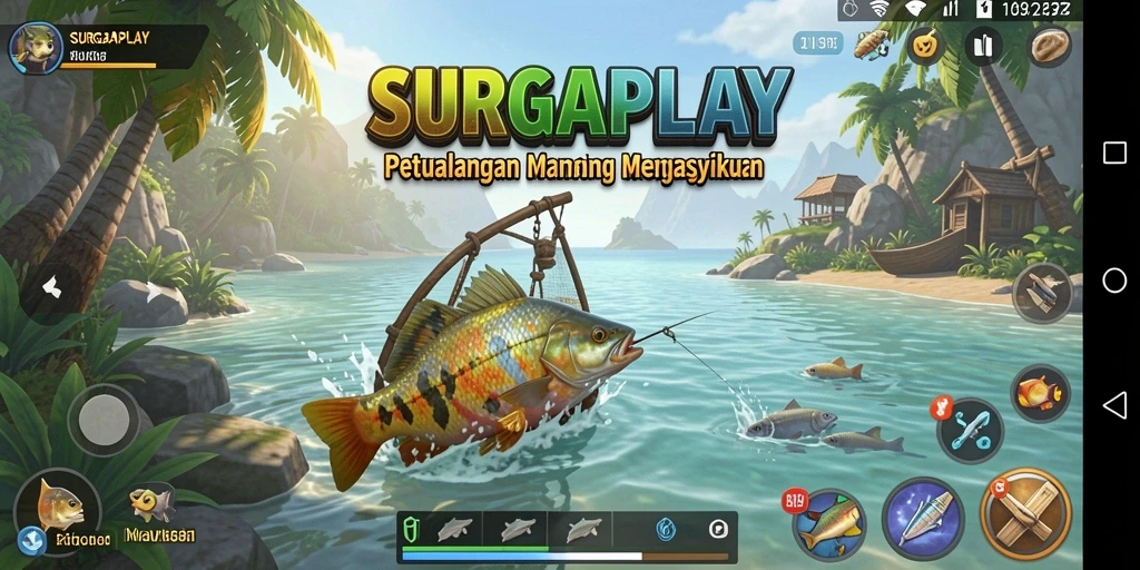 Screenshot gameplay SURGAPLAY dengan aksi memancing yang seru.